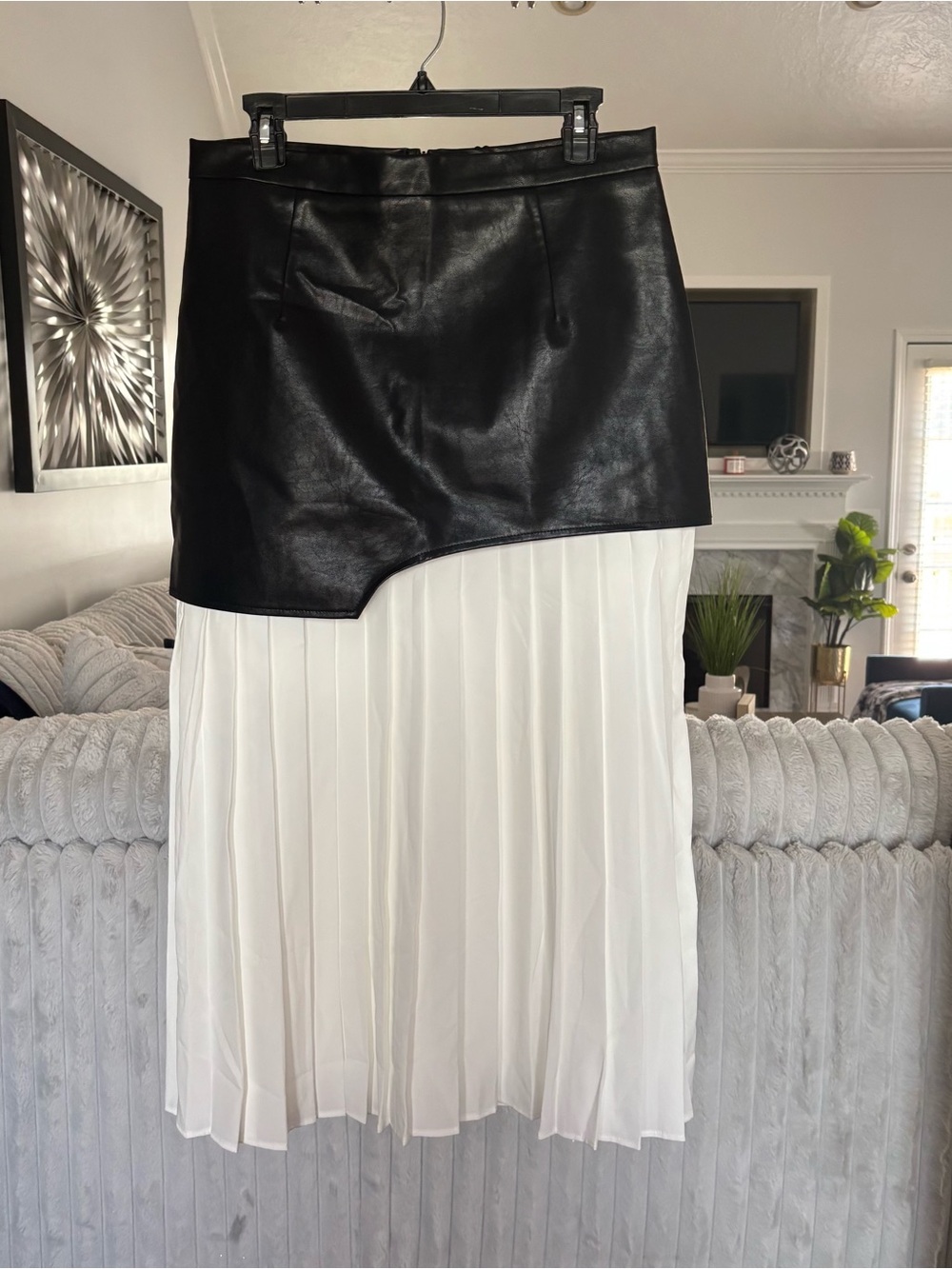 Two-Tone Asymmetrical Faux Leather & White Pleated Midi Skirt